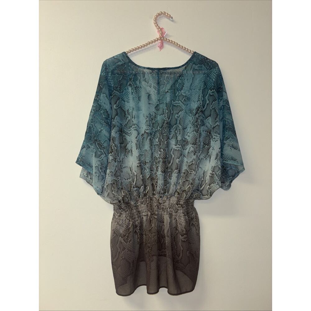 Monograph Sz Sm Snake Skin Print Teal Brown Blouse Sheer Swim Cover‎ Up Beachy - Picture 5 of 5